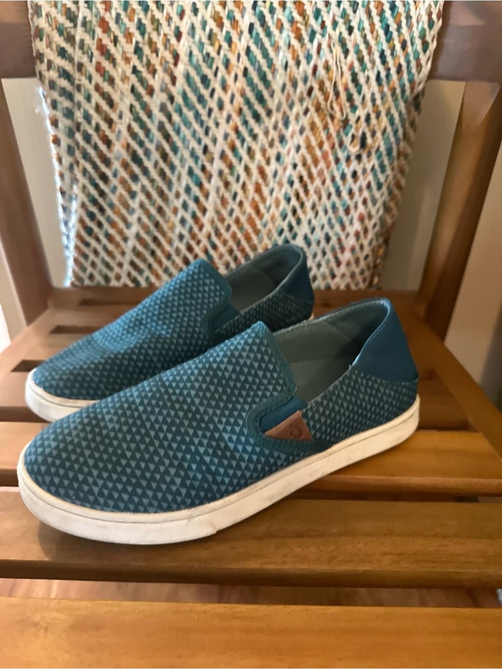 OluKai Teal Slip-On Flats with Geometric Texture